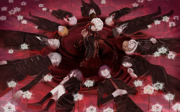 An artistic HD wallpaper featuring characters from Tokyo Ghoul, surrounded by white flowers against a dark, swirling red background, creating a dramatic and intense atmosphere.