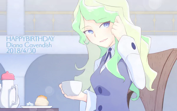 HD PC desktop wallpaper featuring Diana Cavendish from the anime Little Witch Academia, depicted holding a teacup in a softly lit, elegant setting.