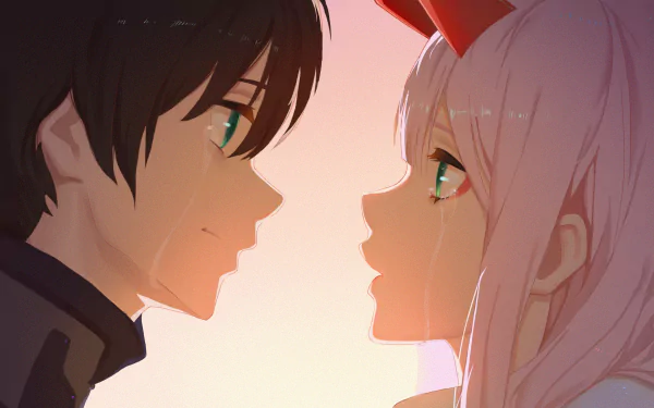 A heartfelt moment between Zero Two and Hiro from the anime Darling in the FranXX, depicted in a high-definition desktop wallpaper background. Both characters are gazing into each other's eyes with a soft pastel backdrop.