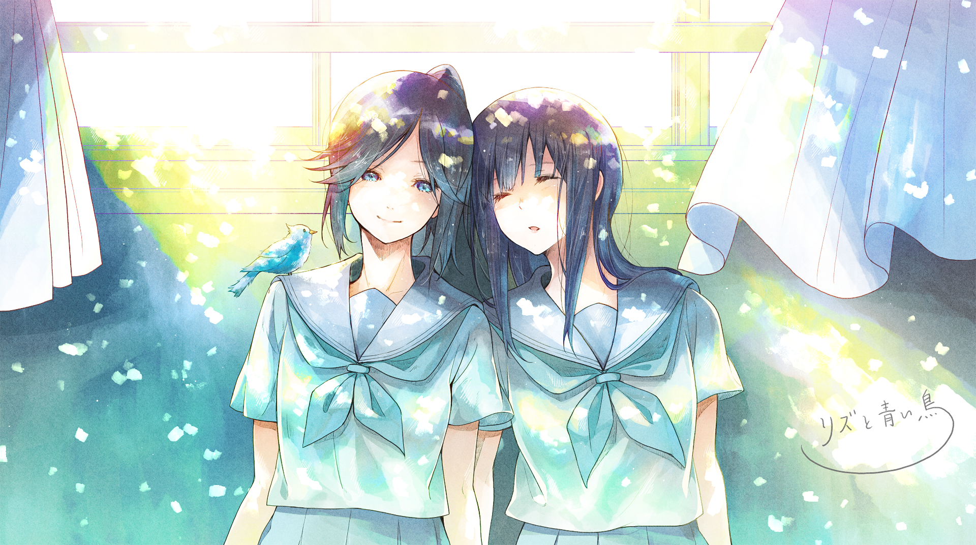 HD anime desktop wallpaper featuring Mizore Yoroizuka and Nozomi Kasaki from Sound! Euphonium, depicted in school uniforms by a sunlit window with soft colors.