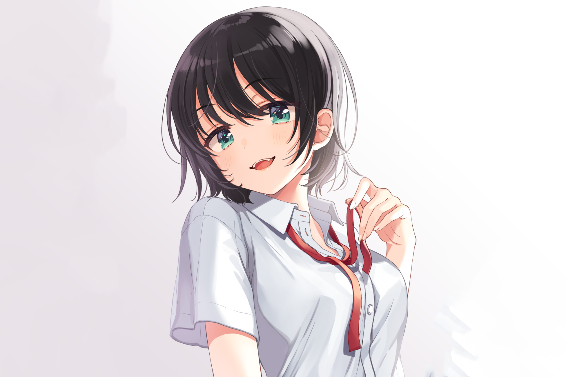Anime original HD PC desktop wallpaper featuring a smiling girl with short black hair and green eyes wearing a white shirt and loosely tied red-striped necktie.
