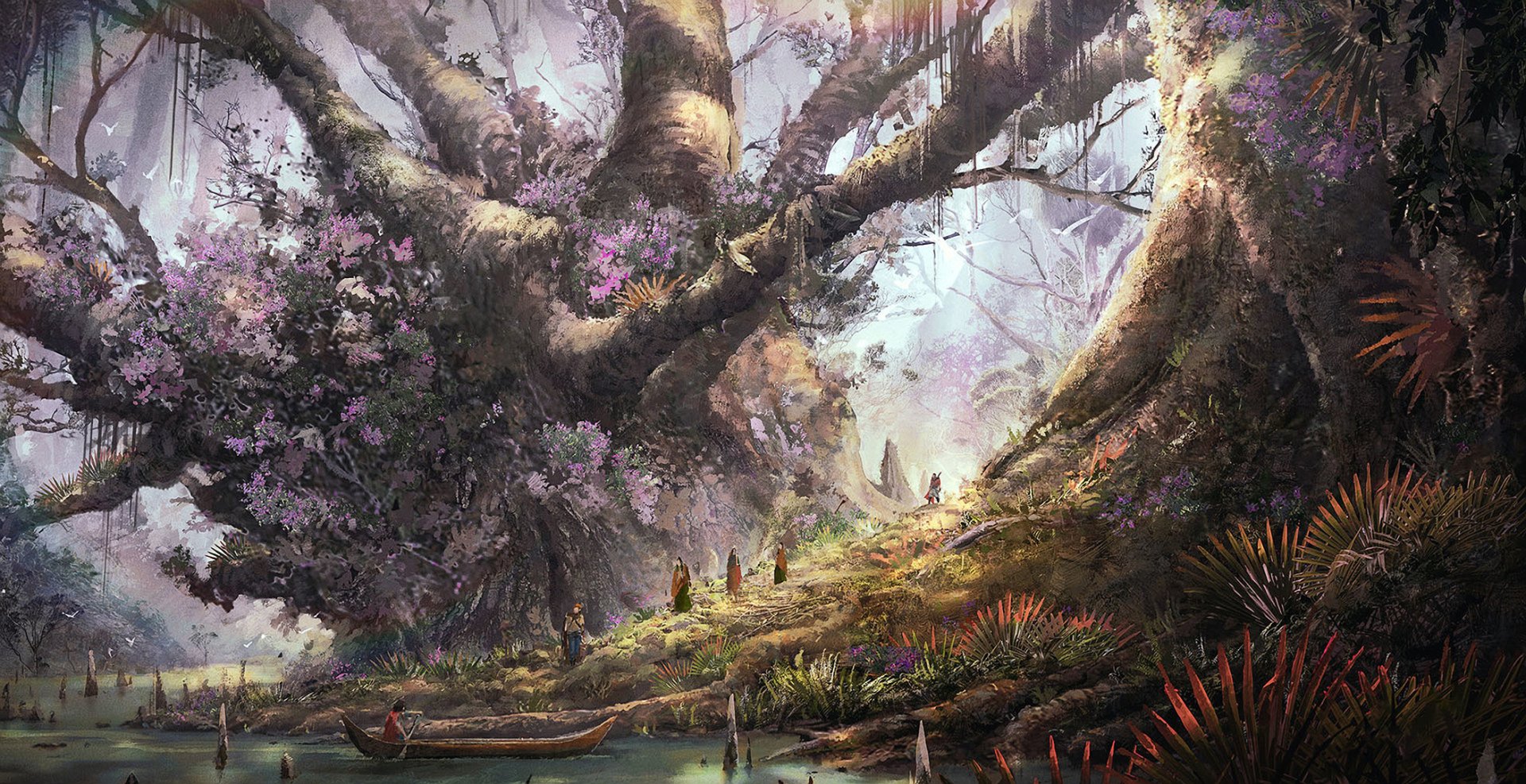 Fantasy forest scene featuring colossal ancient trees with twisted branches, vibrant purple blossoms, and small figures by a river, captured in HD for a PC desktop wallpaper.