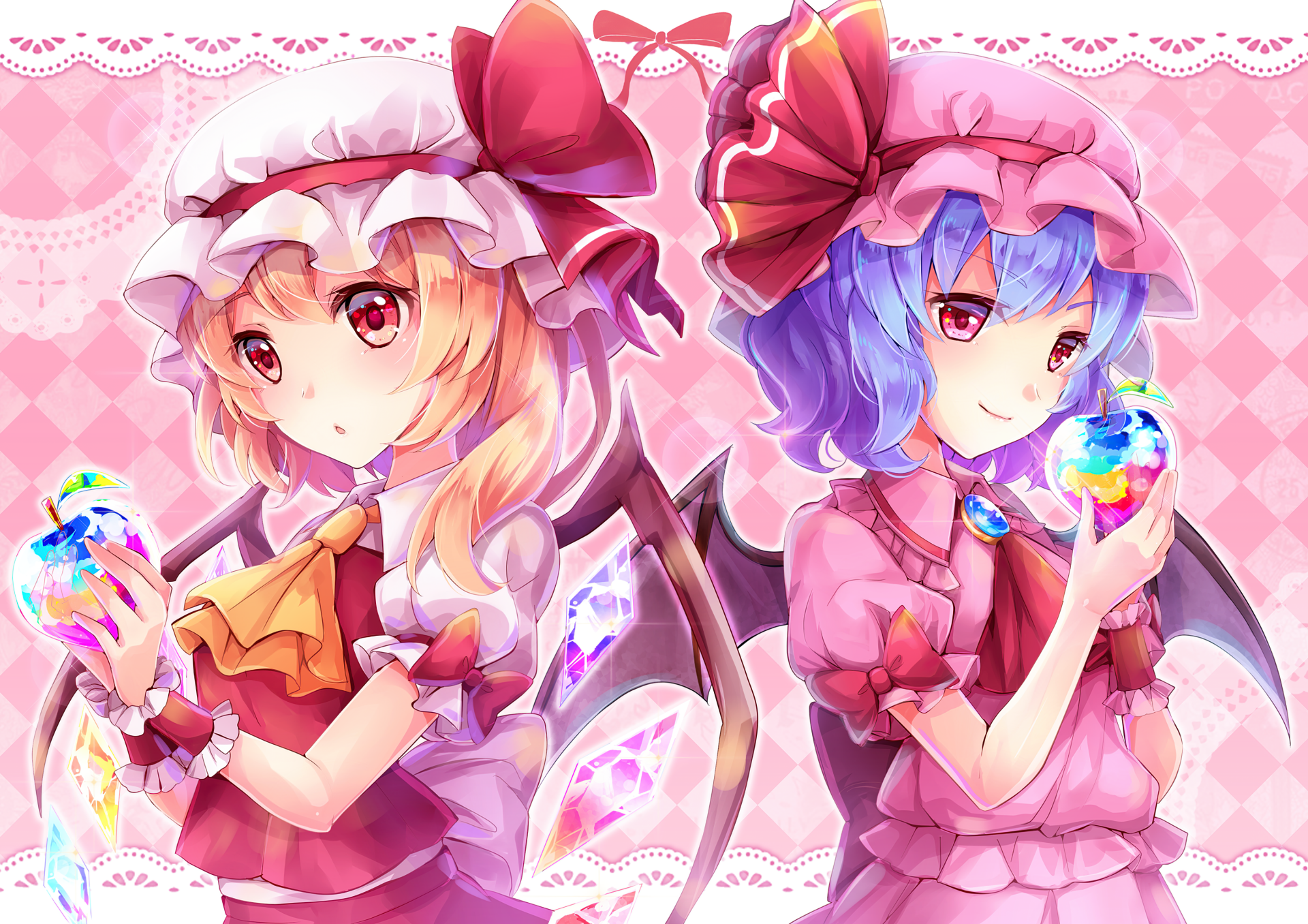 Anime Touhou 2K Quad HD PC desktop wallpaper: Flandre Scarlet and Remilia Scarlet in pink frilled dresses, bat wings and ribbons, holding glowing rainbow orbs against a pink patterned background.