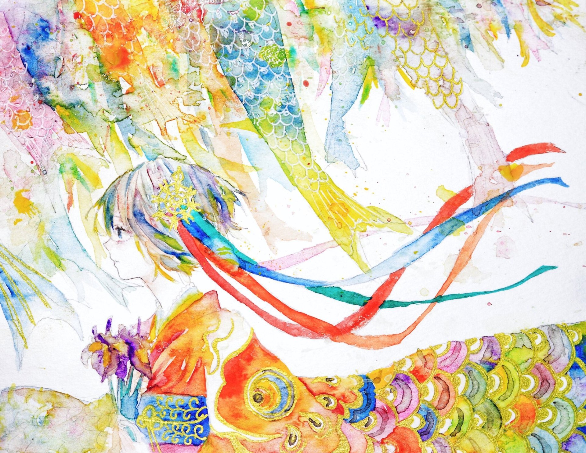 Download Flower Blue Eyes Fish Headdress Kimono Short Hair Colorful Anime Original HD Wallpaper by Aさん