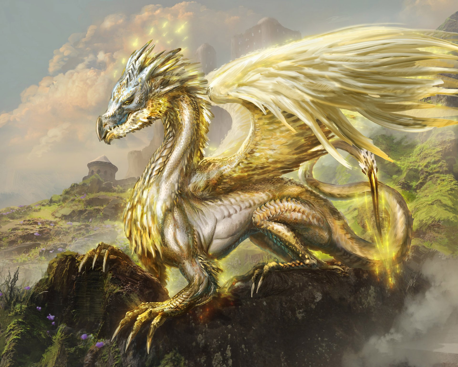 HD PC desktop wallpaper/background: a majestic golden-winged fantasy dragon perched on a misty cliff, wings unfurled above rolling hills and a distant ruined tower.