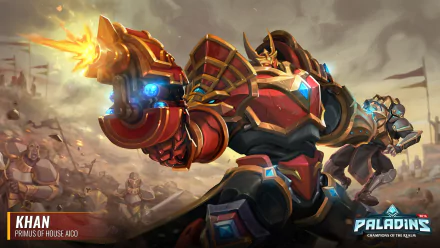 HD PC desktop wallpaper of Khan (Paladins): a red-and-gold armored champion firing a massive energy cannon across a smoky battlefield, Paladins video game logo in the corner.