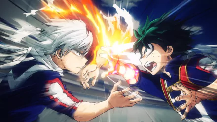 HD wallpaper featuring Shoto Todoroki and Izuku Midoriya from the anime My Hero Academia, fiercely clashing with intense energy between them.