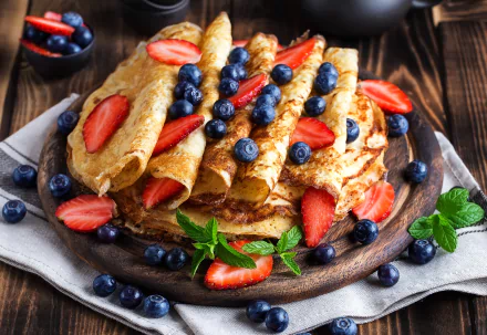A 4K Ultra HD still life of crêpes topped with fresh strawberries and blueberries, garnished with mint leaves on a rustic wooden table.