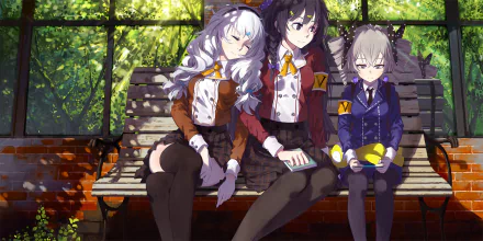 HD PC desktop wallpaper featuring Kiana Kaslana, Herrscher of Thunder, and Bronya Zaychik from the anime Benghuai Xueyuan, sitting together on a bench in a sunlit park.