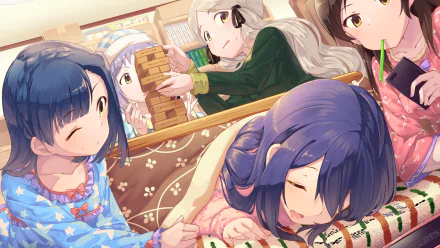 HD desktop wallpaper of THE iDOLM@STER: Million Live! idols Yuriko Nanao, Anna Mochizuki, Mizuki Makabe, Shiho Kitazawa and Roco Handa relaxing on a couch, playing and napping.