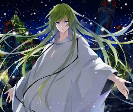 Enkidu from Fate/Grand Order in anime style, long green hair and white robe reaching out beneath a starry night — 4K Ultra HD PC desktop wallpaper/background.