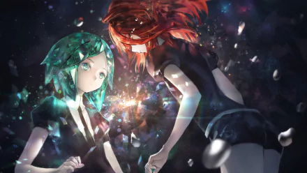 HD desktop wallpaper featuring Cinnabar and Phosphophyllite from the anime Land of the Lustrous, set in a cosmic background with shattered gemstone effects.