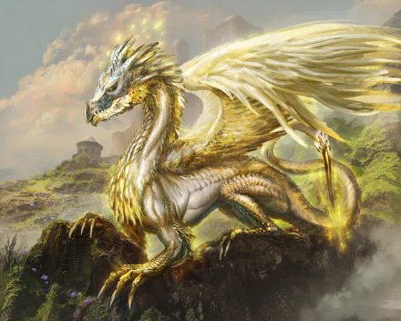 HD PC desktop wallpaper/background: a majestic golden-winged fantasy dragon perched on a misty cliff, wings unfurled above rolling hills and a distant ruined tower.