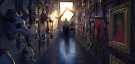 HD anime-style desktop wallpaper featuring a figure with white short hair wearing a skull mask, standing in a dim hallway filled with hanging paintings and masks.