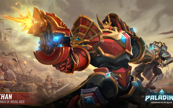 HD PC desktop wallpaper of Khan (Paladins): a red-and-gold armored champion firing a massive energy cannon across a smoky battlefield, Paladins video game logo in the corner.
