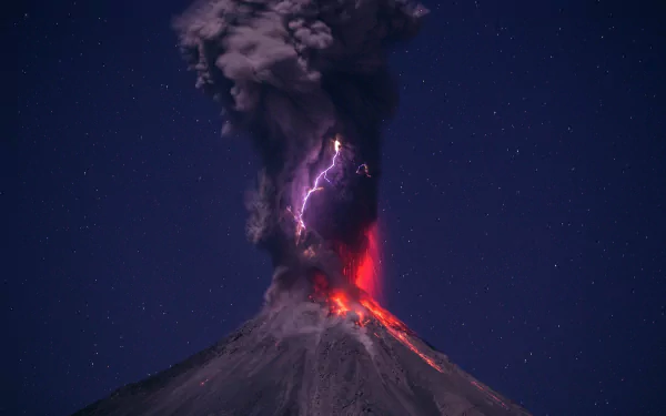 A HD desktop wallpaper of a dramatic volcanic eruption at night, with glowing lava, dark smoke, and a striking streak of lightning under a starry sky.