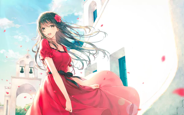 Anime girl in a red dress standing in front of a white building with blue sky in the background. HD desktop wallpaper tagged with Anime and Original.