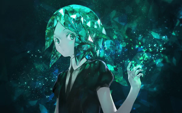 Phosphophyllite from Land of the Lustrous anime, depicted in vibrant teal crystals with a dark background, featured as a 4K Ultra HD PC desktop wallpaper.