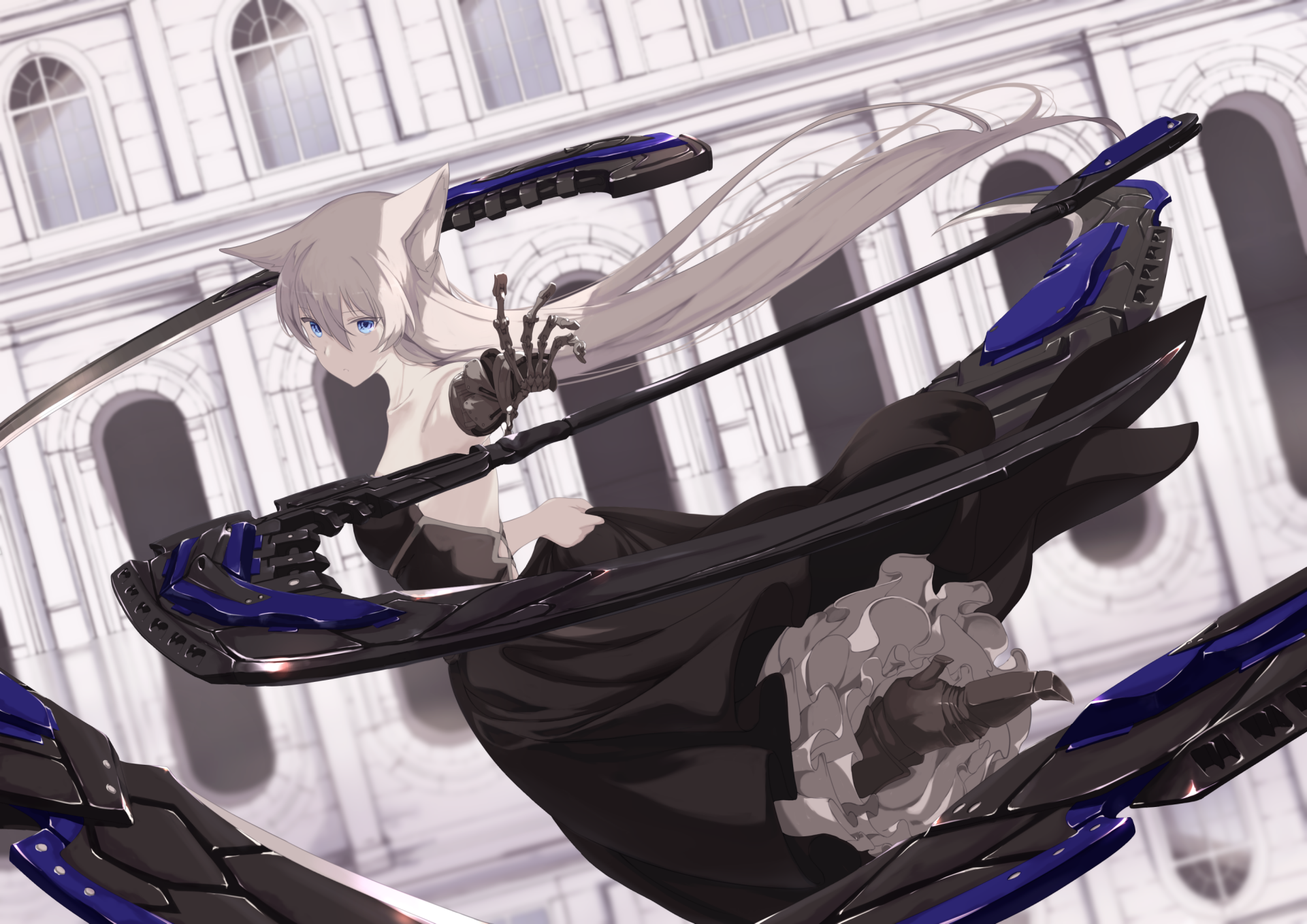 HD anime original artwork featuring a dynamic character with futuristic black and blue weaponry set against a grand architectural backdrop, designed as a PC desktop wallpaper.