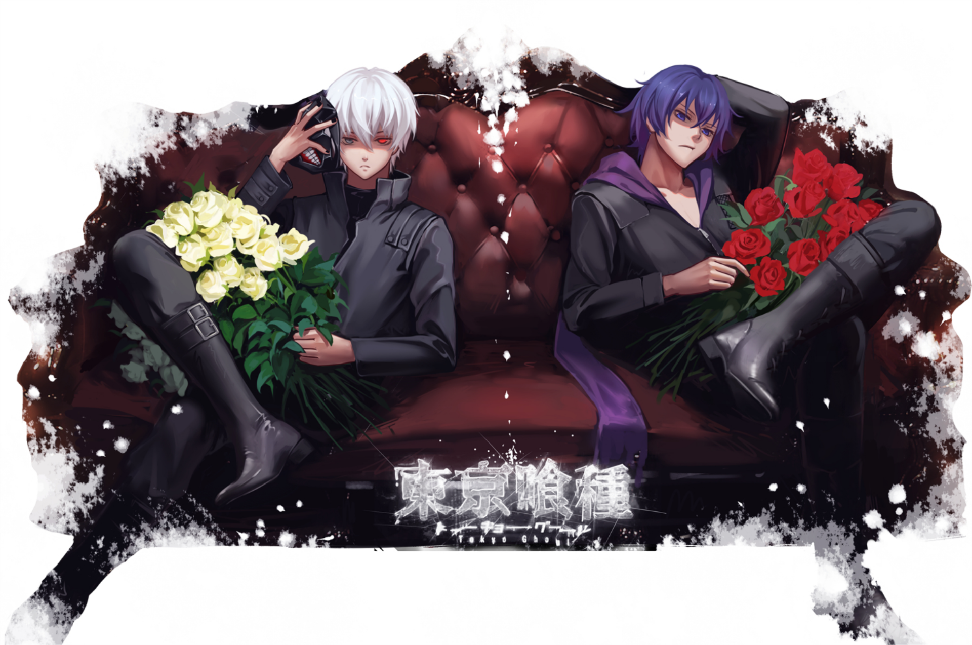 HD PC desktop wallpaper of Tokyo Ghoul anime: Ken Kaneki (white hair) and Ayato Kirishima (purple hair) on a red couch; Ken holds white roses, Ayato holds red roses against a dark, moody backdrop.