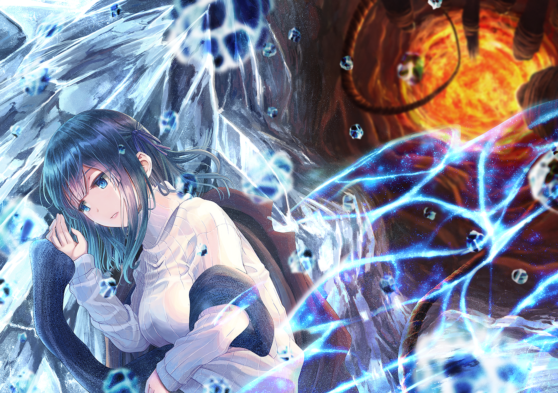HD anime original artwork featuring a girl with dark hair surrounded by blue and fiery orange energy, designed as a vibrant PC desktop wallpaper and background.