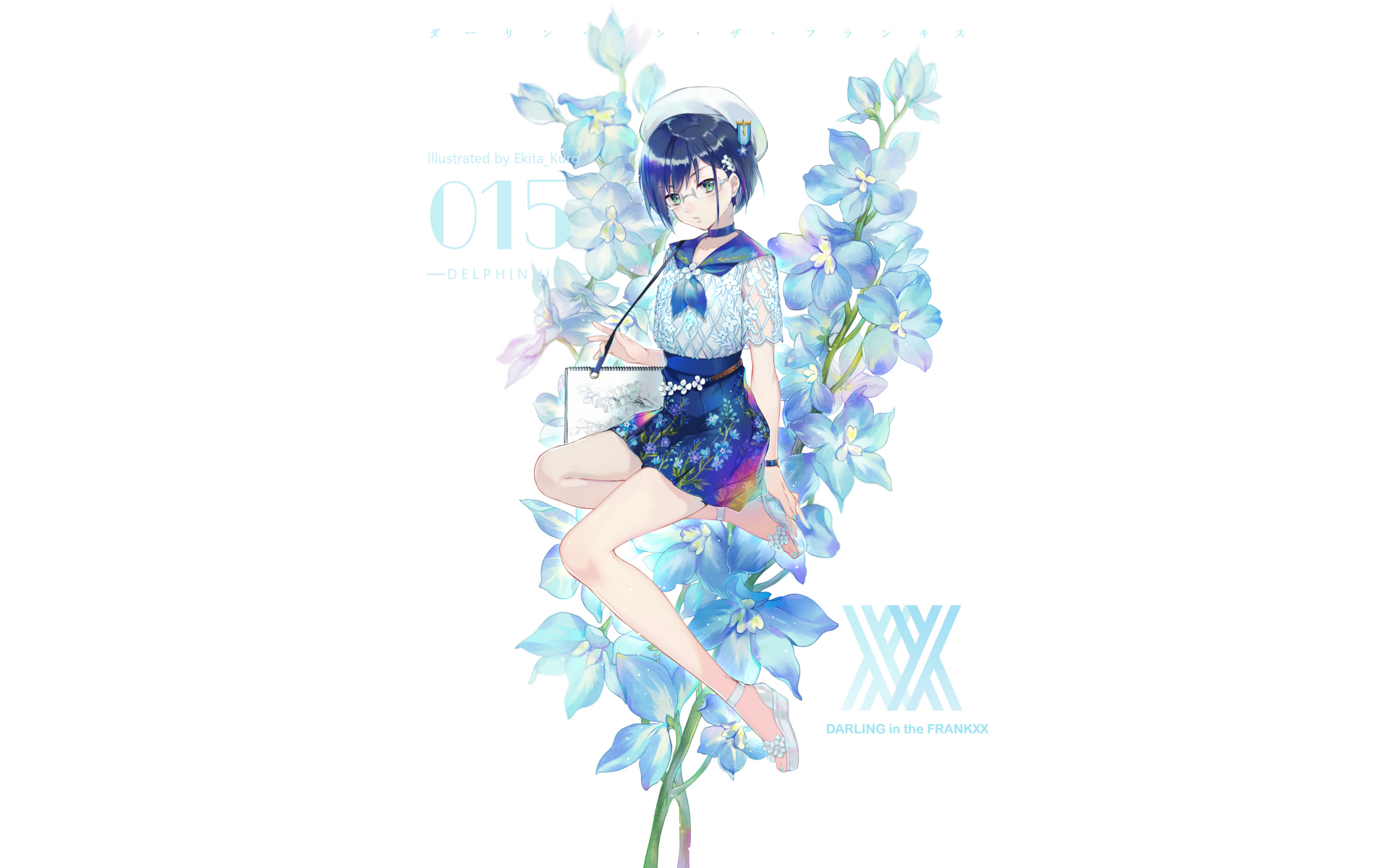 HD PC desktop wallpaper featuring Ichigo from the anime Darling in the FranXX, surrounded by delicate blue flowers in a clean, artistic style.