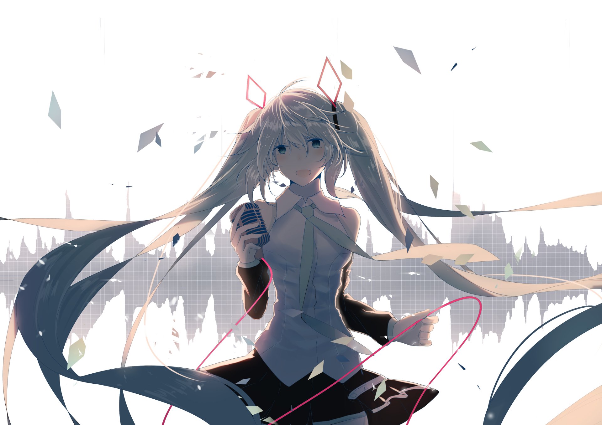 Hatsune Miku anime Vocaloid with flowing twin-tails, headphones and a microphone against a stylized skyline — 2K Quad HD PC desktop wallpaper background.