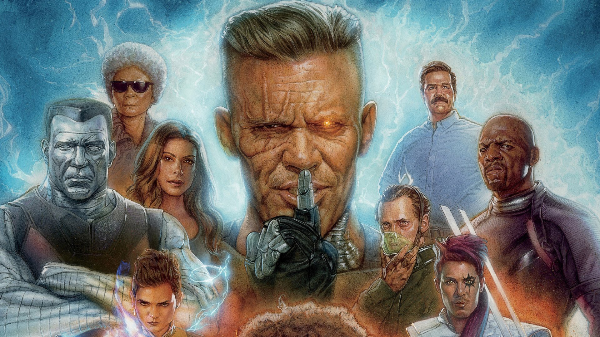 HD PC desktop wallpaper featuring Colossus, Cable, and other characters from the Deadpool 2 movie in a dynamic, detailed Marvel Comics style.