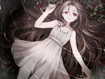 HD PC desktop wallpaper — original anime girl with long brown hair and red eyes lying among roses in a white dress, her hair fanning out across the background.