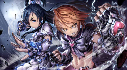 Dynamic HD PC desktop wallpaper featuring Honoka Yukishiro and Nagisa Misumi from the anime Pretty Cure!, showcasing intense expressions and action poses.