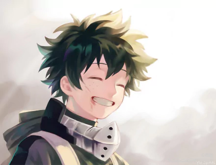HD desktop wallpaper featuring Izuku Midoriya from the anime My Hero Academia, smiling with eyes closed against a soft, light background.
