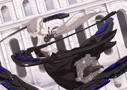 HD anime original artwork featuring a dynamic character with futuristic black and blue weaponry set against a grand architectural backdrop, designed as a PC desktop wallpaper.