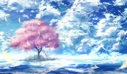 HD PC desktop wallpaper of Sakura Kinomoto (Cardcaptor Sakura) — anime scene: lone pink cherry blossom tree, drifting petals over reflective water beneath a vast blue sky.