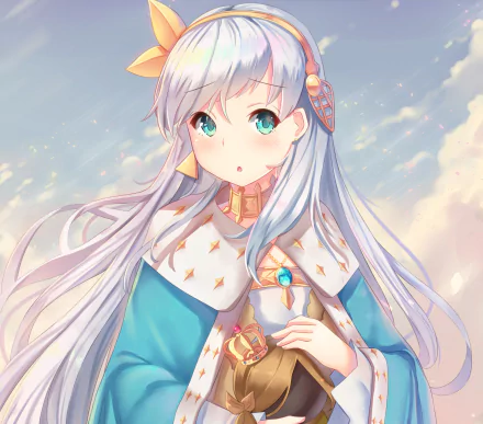 HD anime wallpaper of Anastasia from Fate/Grand Order: white‑haired, teal‑eyed young woman in ornate blue and white cloak and gold jewelry against a soft cloudy sky.