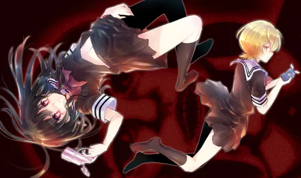 Anime illustration featuring Tsuyuno Yatsumura and Aya Asagiri from Mahou Shoujo Site, set against a striking red background. High-definition PC desktop wallpaper.