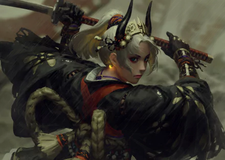 Anime character with blue eyes and black eyes, adorned with hair ornaments and earrings, wielding a katana. The image serves as an HD desktop wallpaper and background.