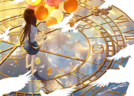 An anime-style artwork showing a girl with long brown hair holding balloons, standing on a large clock face, surrounded by birds, set against a cloudy sky. HD desktop wallpaper and background.