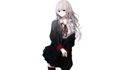 Anime-style original character with long silver hair and a black school uniform, rendered in 4K Ultra HD for PC desktop wallpaper and background use.