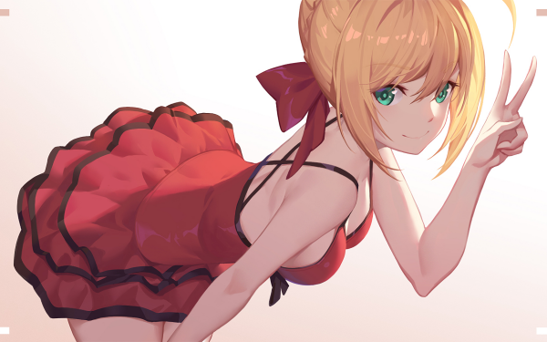 Anime Fate/Extra Fate Series Saber Red Saber Smile Dress Red Dress Fate Blonde Green Eyes HD Wallpaper | Background Image