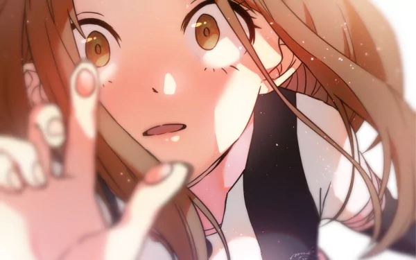 Close-up anime portrait of Ochaco Uraraka (My Hero Academia) reaching toward the viewer with warm lighting and soft bokeh — 4K Ultra HD PC wallpaper.