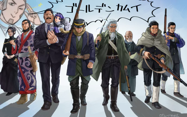 HD desktop wallpaper of various characters from the anime Golden Kamuy, including Saichi Sugimoto, Asirpa, Genjirou Tanigaki, Yoshitake Shiraishi, Hyakunosuke Ogata, Tatsuma Ushiyama, Kiroranke, and Kano Ienaga.