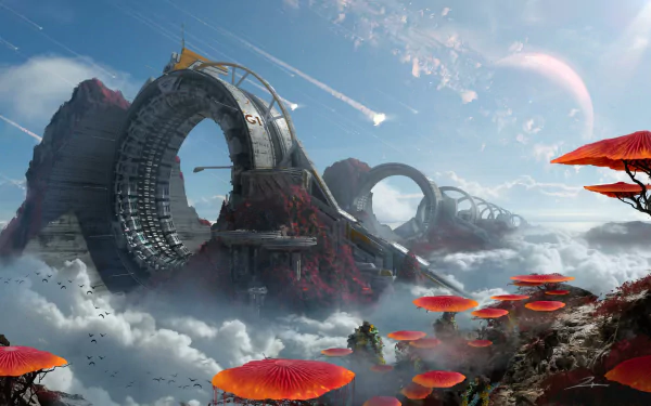 A stunning HD desktop wallpaper of Titanfall 2, featuring a sci-fi landscape with colossal machine structures, ethereal clouds, and vibrant red mushrooms against a backdrop of a distant planet.