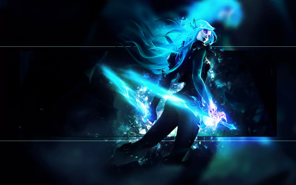 HD PC desktop wallpaper of Katarina from the video game League of Legends, the assassin wreathed in blue energy and wielding glowing blades against a dark, neon-tinged background.