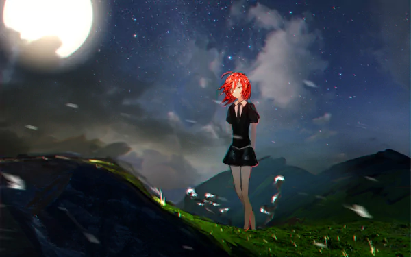 HD PC desktop wallpaper/background of Cinnabar (Land of the Lustrous), an anime character with red hair standing on a moonlit grassy hill beneath a starry night sky.
