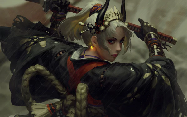 Anime character with blue eyes and black eyes, adorned with hair ornaments and earrings, wielding a katana. The image serves as an HD desktop wallpaper and background.