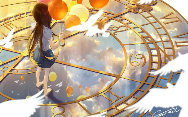 Anime Original Balloon Clock Long Hair Brown Hair Bird HD Wallpaper | Background Image