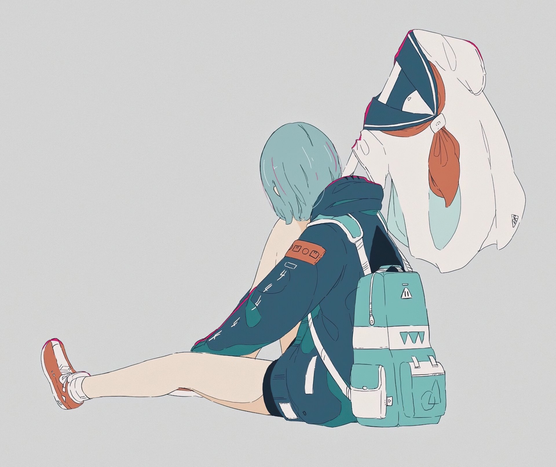 Download Hoodie Bag Blue Hair Short Hair Anime Original Hd Wallpaper By 