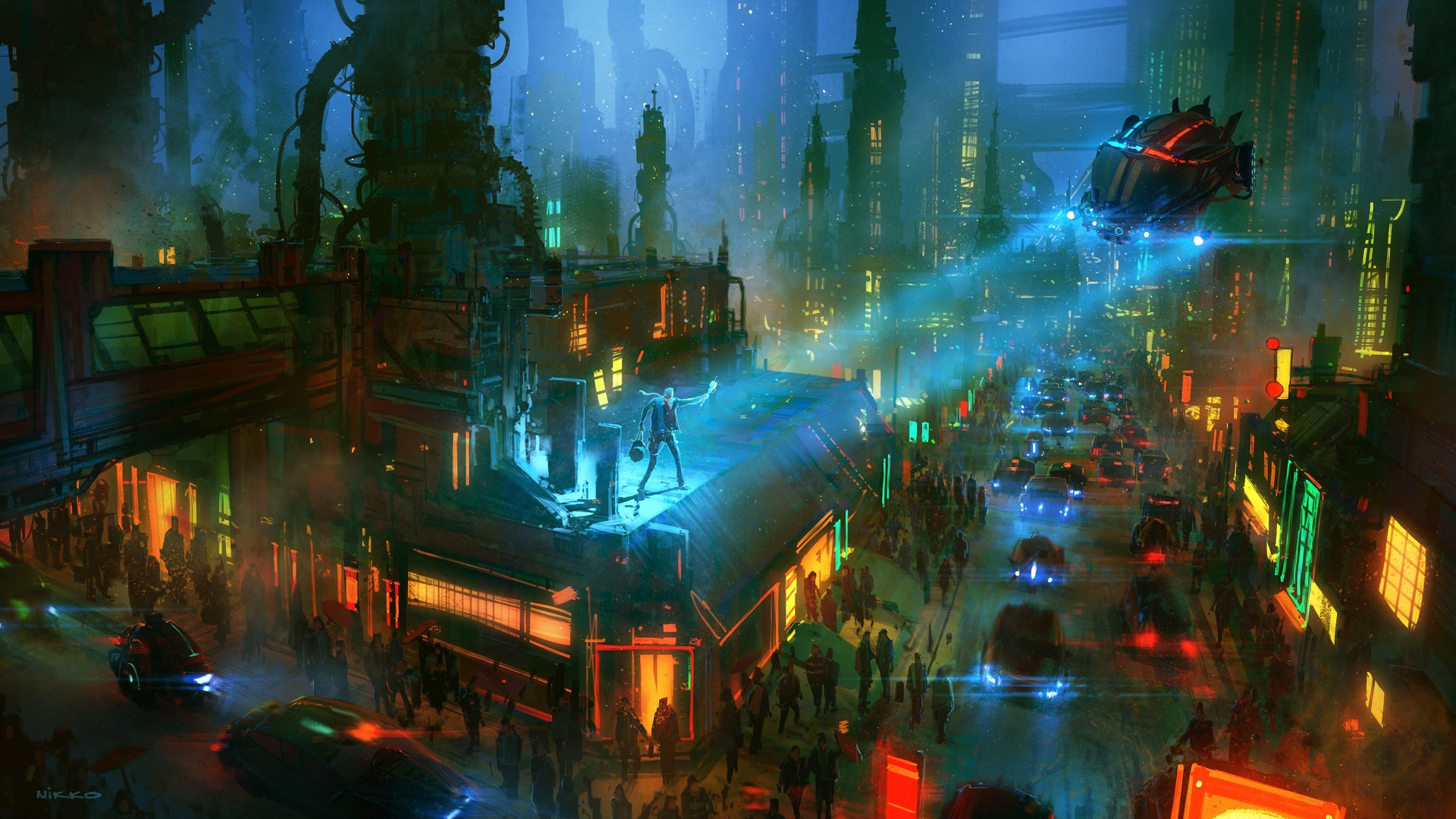 HD PC desktop wallpaper depicting a vibrant sci-fi city with futuristic buildings and flying vehicles illuminating the night in a detailed, immersive sci-fi urban scene.