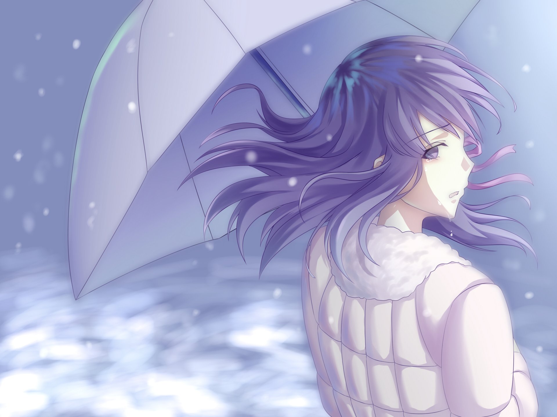 HD PC desktop wallpaper featuring Sakura Matou from Fate/Stay Night, depicted holding an umbrella with purple hair flowing against a soft, snowy background.