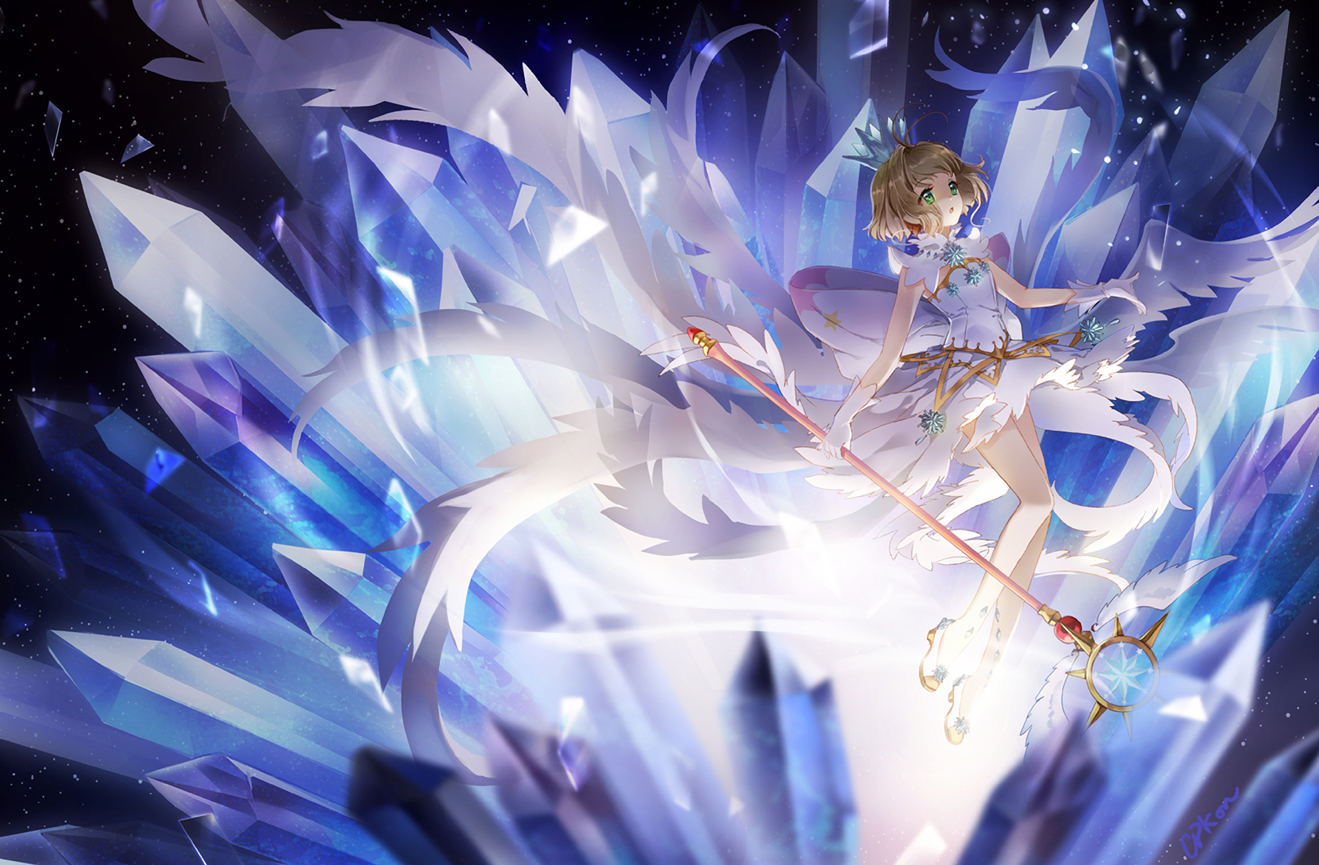 HD PC desktop wallpaper featuring Sakura Kinomoto from the anime Cardcaptor Sakura, surrounded by glowing crystalline shards in a dynamic, magical scene.